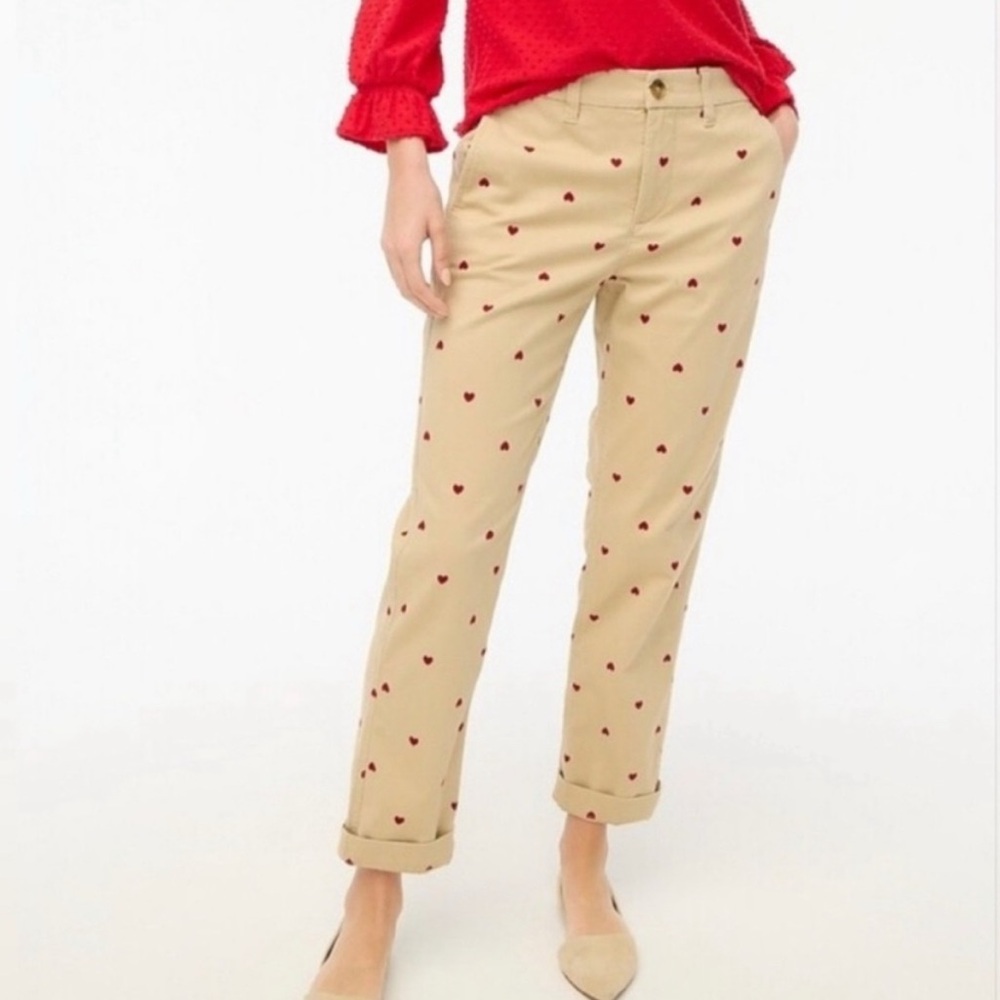 J. Crew Beige Cropped Pants with Red Heart Pattern